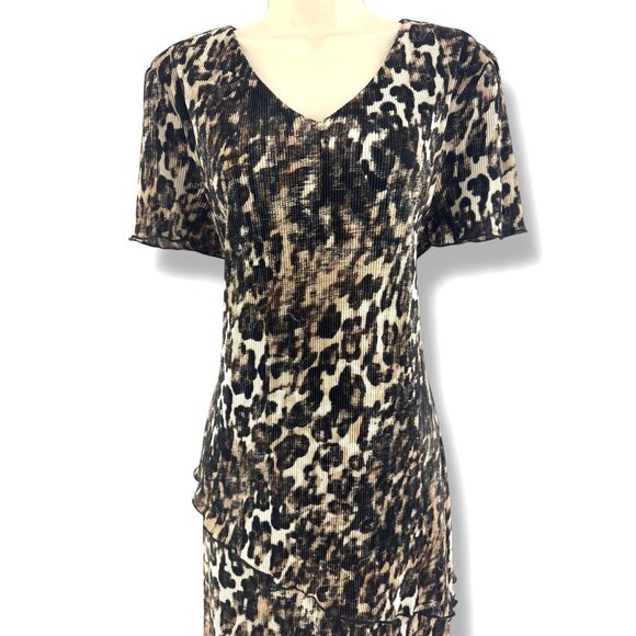 Connected Apparel Animal Leopard Print Bodre Tiered Dress Size 14 Evening Sheath - Picture 2 of 10